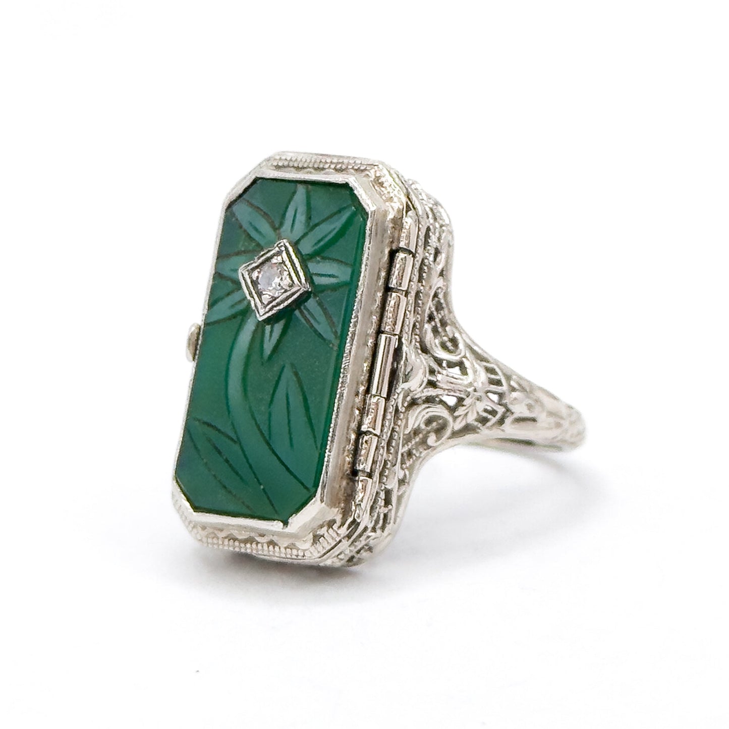 Antique Art Deco Flip LOCKET Ring in Chrysoprase and Onyx 14K White Gold