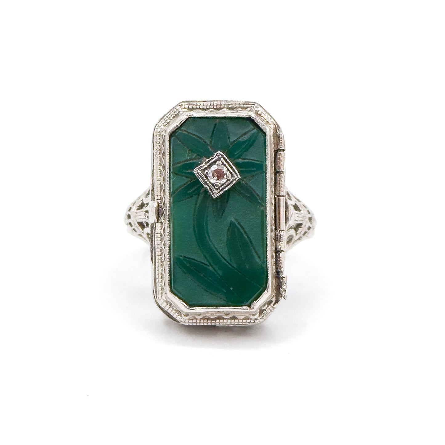 Antique Art Deco Flip LOCKET Ring in Chrysoprase and Onyx 14K White Gold
