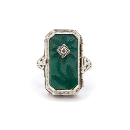Antique Art Deco Flip LOCKET Ring in Chrysoprase and Onyx 14K White Gold