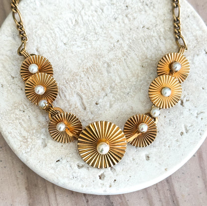 Vintage Midcentury necklace and earring set Engine turned disk necklace with Pearls