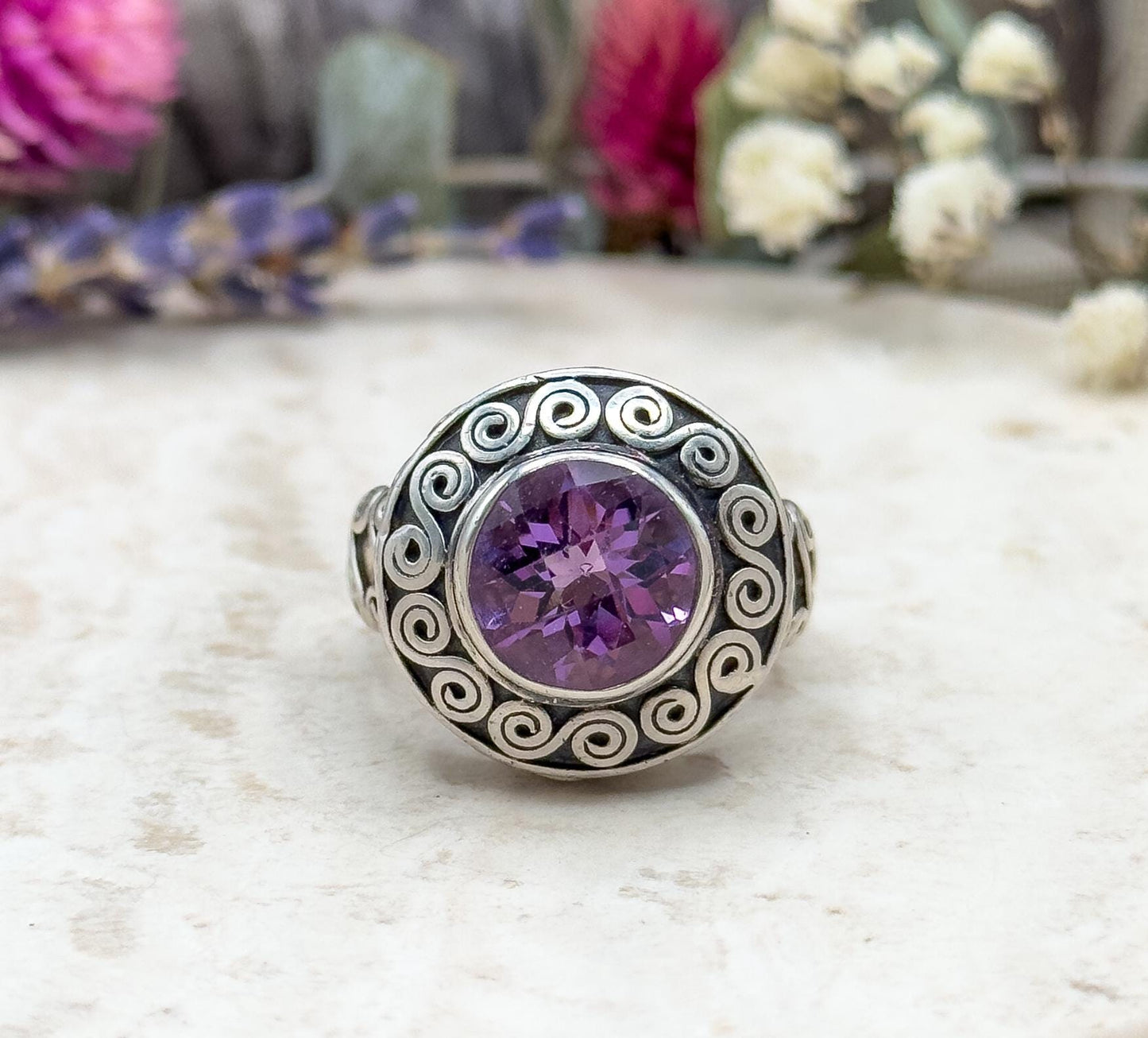 Vintage Checkerboard Amethyst Swirl Design Ring in Sterling Silver Chunky