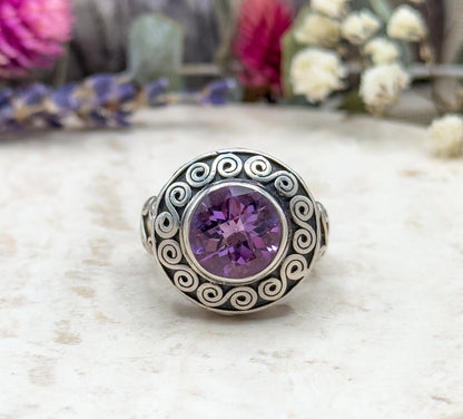 Vintage Checkerboard Amethyst Swirl Design Ring in Sterling Silver Chunky