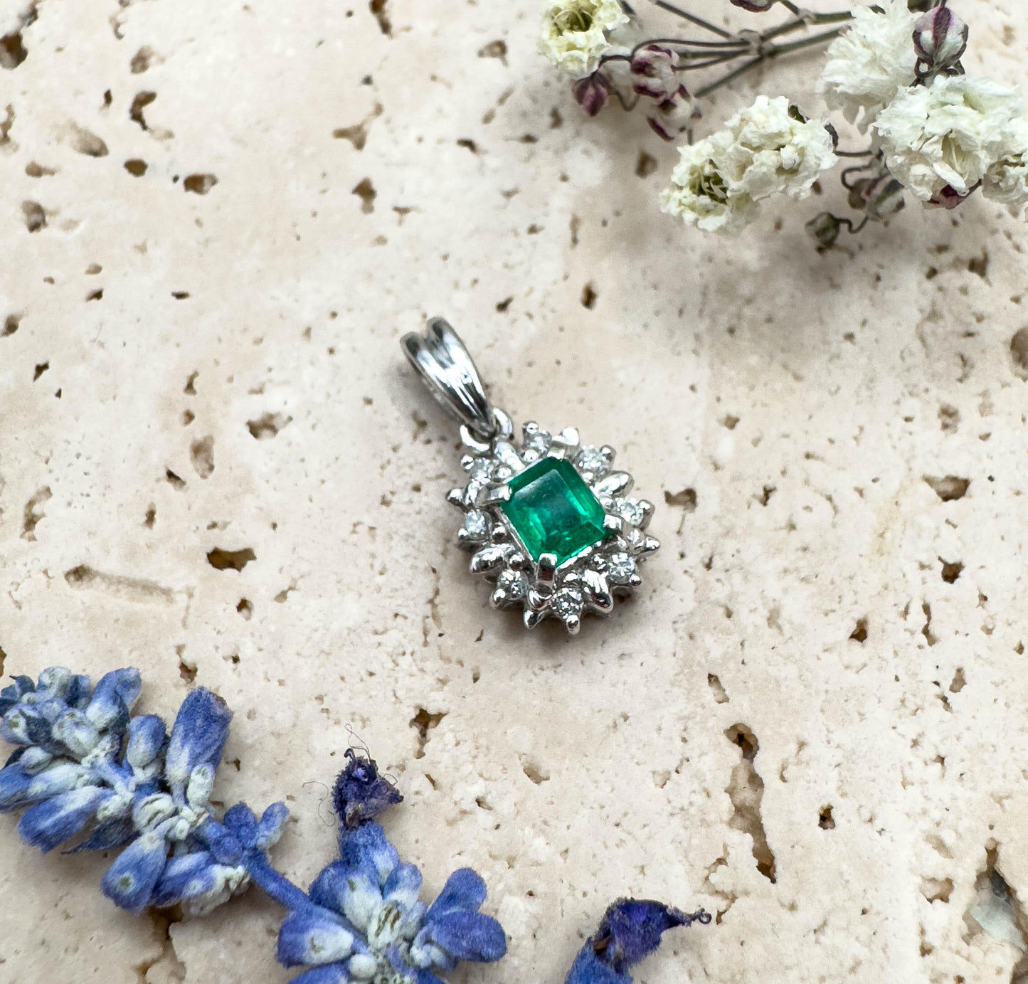 Petite Emerald & Diamond halo Pendant in Platinum