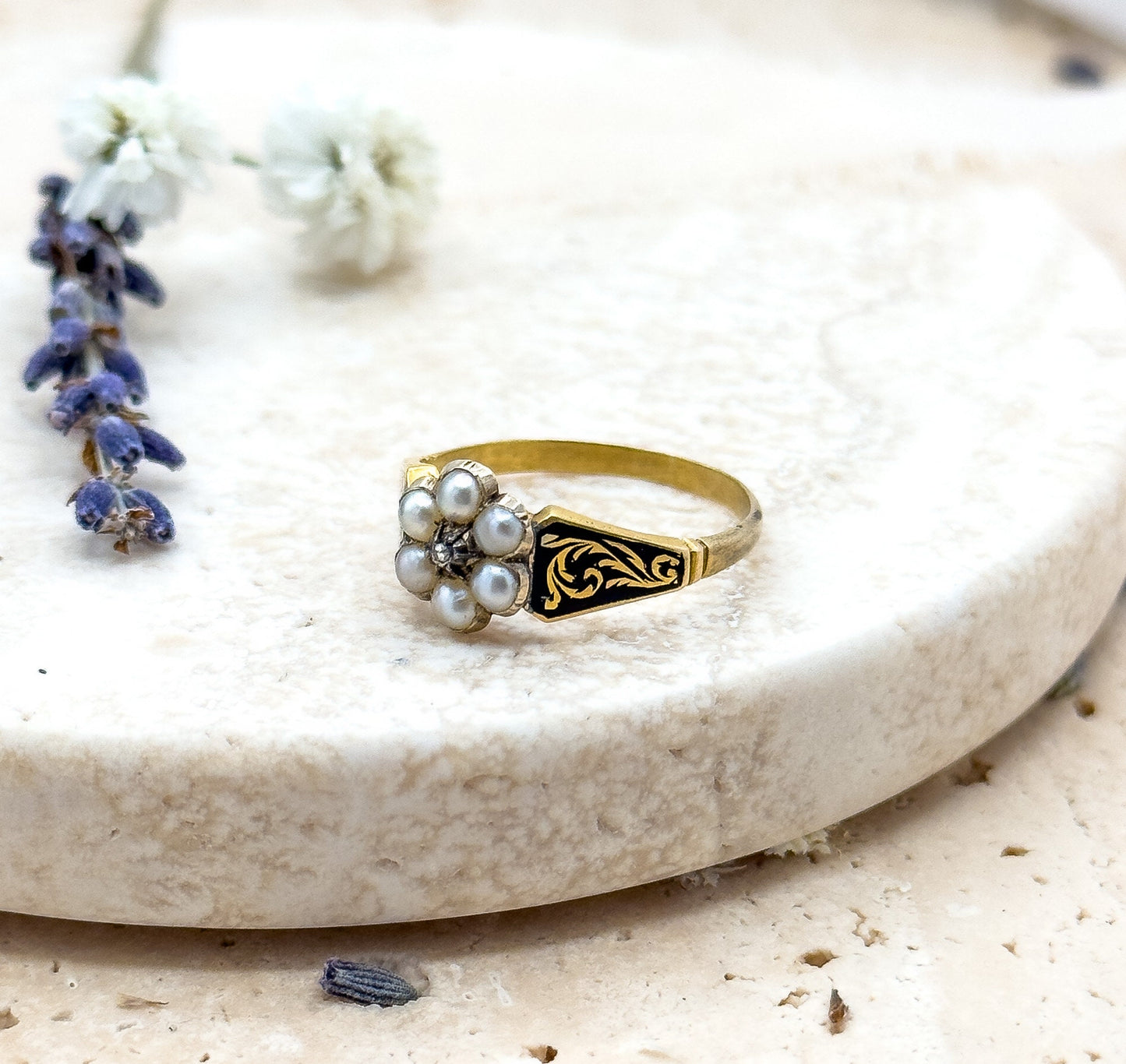 Antique Mourning Ring 14K Solid Gold Victorian RIng with Black Enamel & Rose Cut Diamond