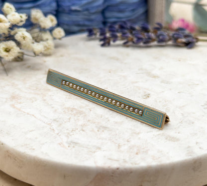 Antique Enamel Bar Brooch in 10K Yellow Gold with Seed Pearls Greek Key