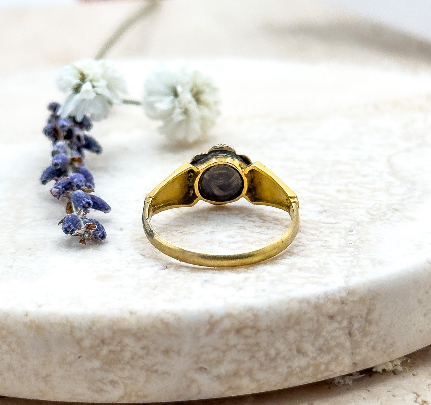 Antique Mourning Ring 14K Solid Gold Victorian RIng with Black Enamel & Rose Cut Diamond
