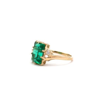 Vintage 10K Gold Green Paste Emerald Cut Ring - White Topaz Accents