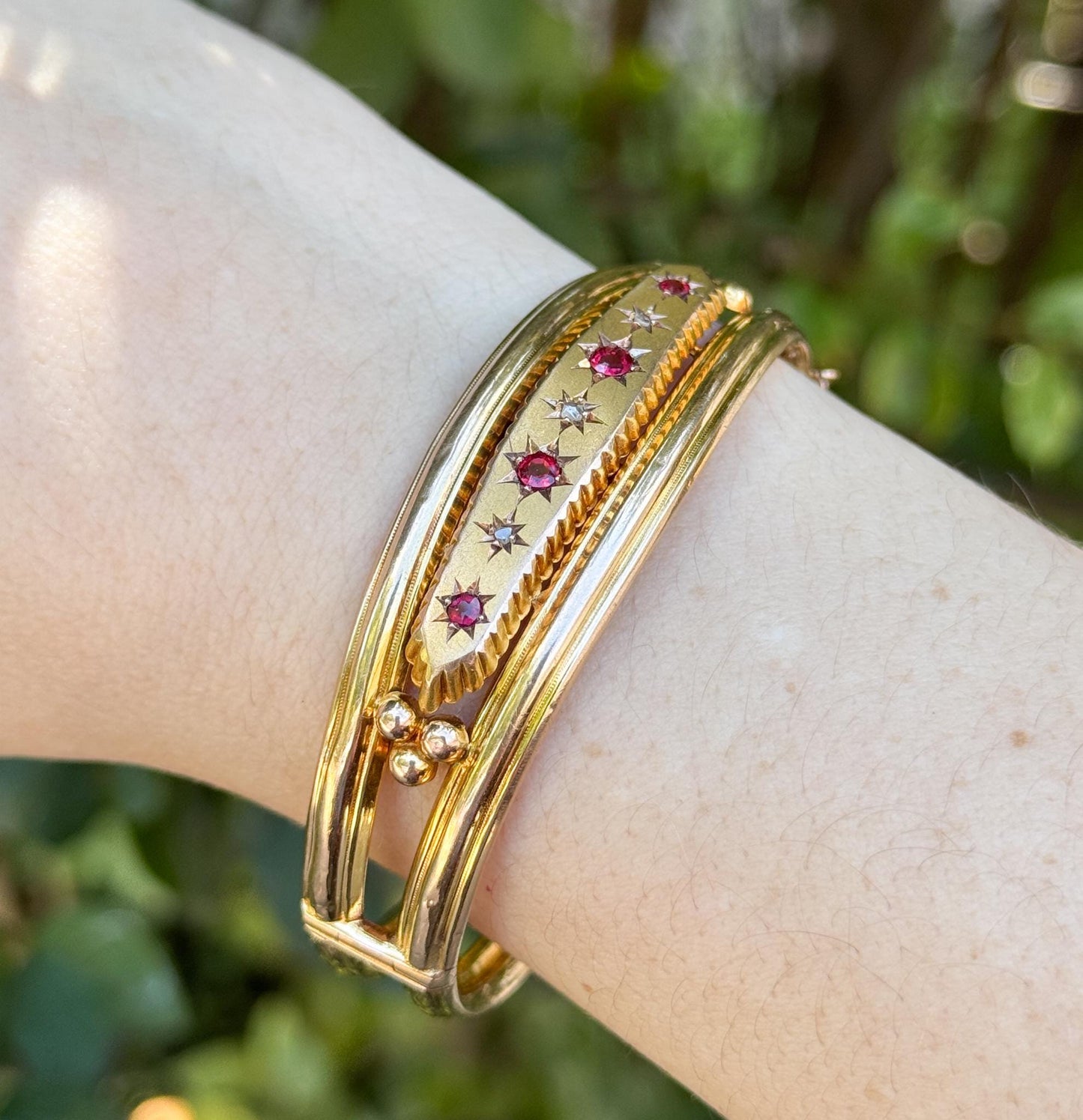 Antique 9ct Gold Garnet Bangle Bracelet: Victorian Rose Cut Diamond Jewelry