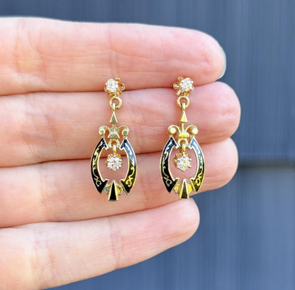 Vintage Diamond Dangle Stud Earrings in Black Enamel 14K Yellow Gold