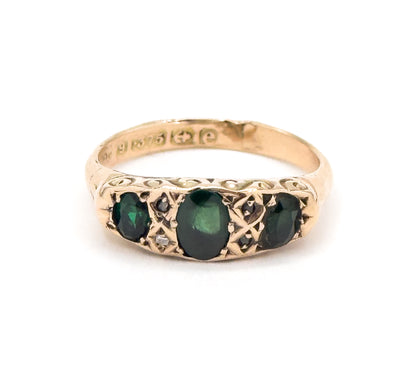 Edwardian Green Gemstone & Diamond Ring in 9K Gold - AS FOUND