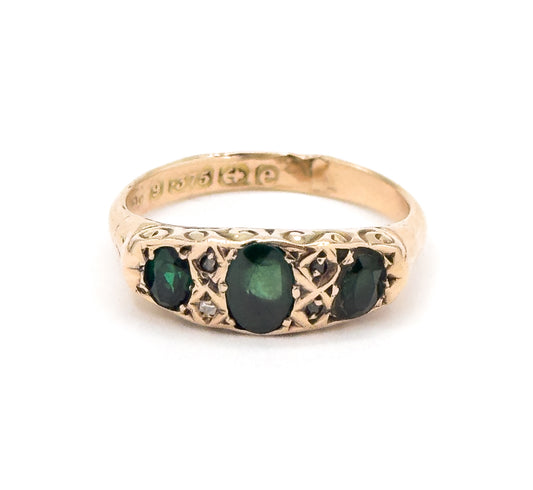 Edwardian Green Gemstone & Diamond Ring in 9K Gold - AS FOUND