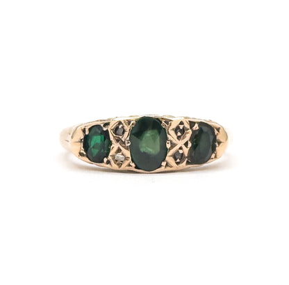 Edwardian Green Gemstone & Diamond Ring in 9K Gold - AS FOUND