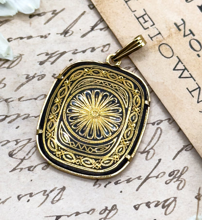 Vintage Damascene Pendant Black and Gold Flower Pendant