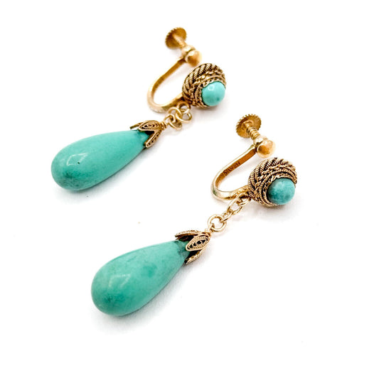 Antique Vermeil Silver Turquoise Stone Drop Earrings - Cannetille Filigree