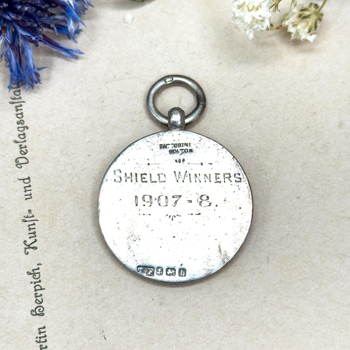 Antique Blue Guilloche Enamel Shield Fob: Sterling Silver & Gold, Hallmarked 1907