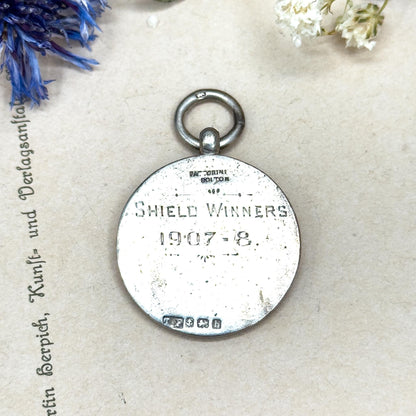 Antique Blue Guilloche Enamel Shield Fob: Sterling Silver & Gold, Hallmarked 1907