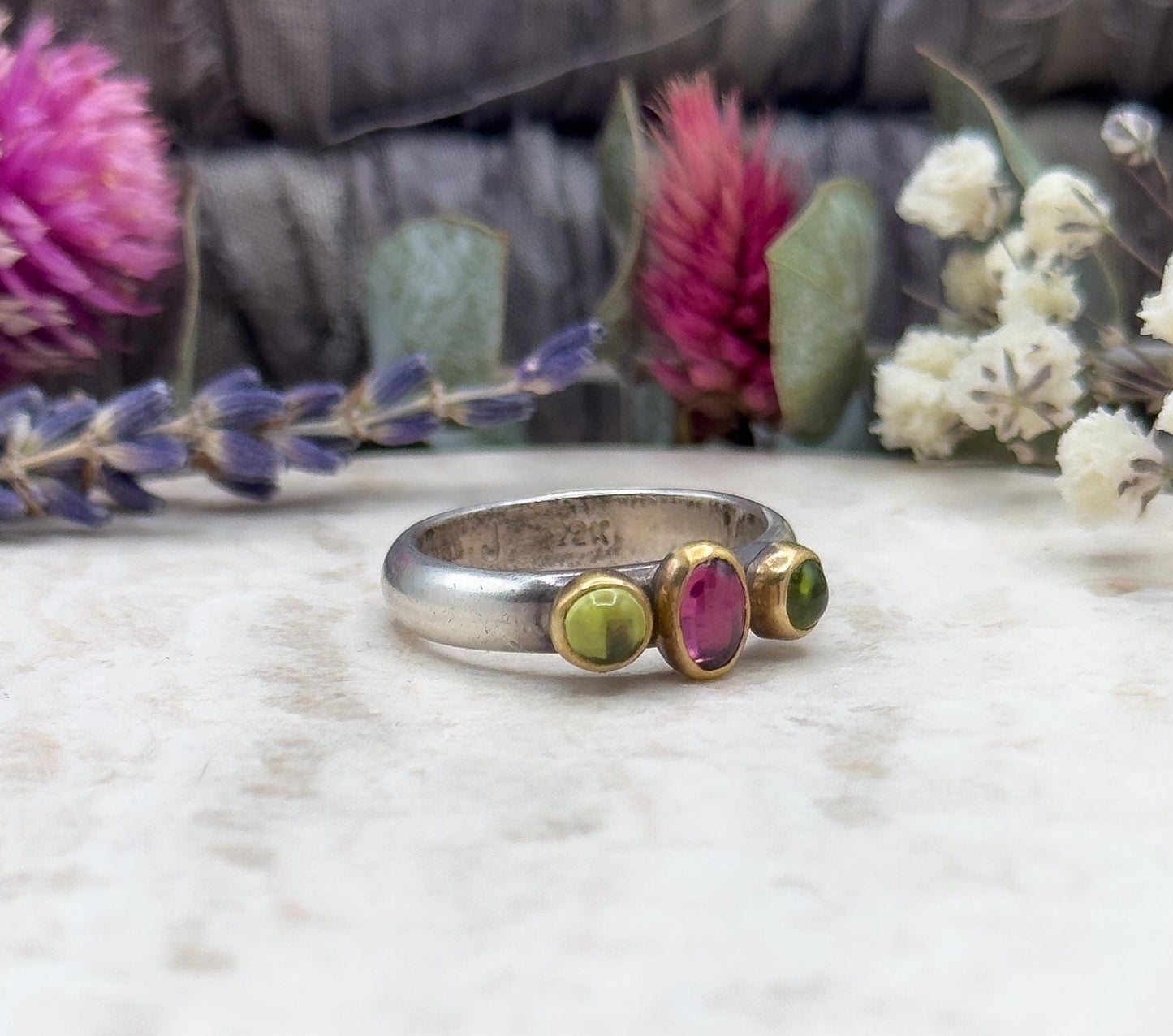 Handmade Three-Stone Peridot Garnet Ring Sterling Silver 22K Gold