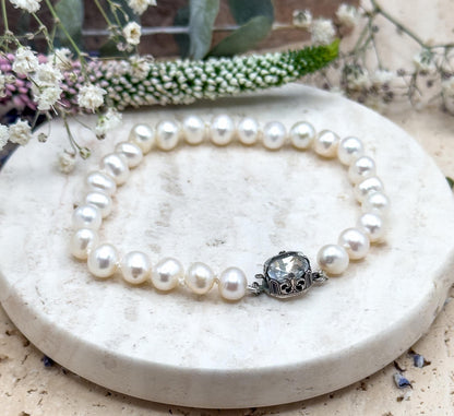 Beautiful Cultured Pearl Bracelet with Antique Paste clasp in sterling hand knotted pearls