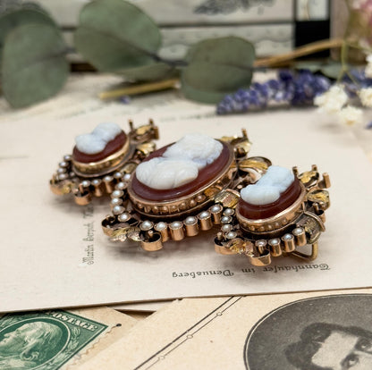 Victorian Cameo Brooch: 12K Rose Gold, Sardonyx, Seed Pearls, Elizabethan Style