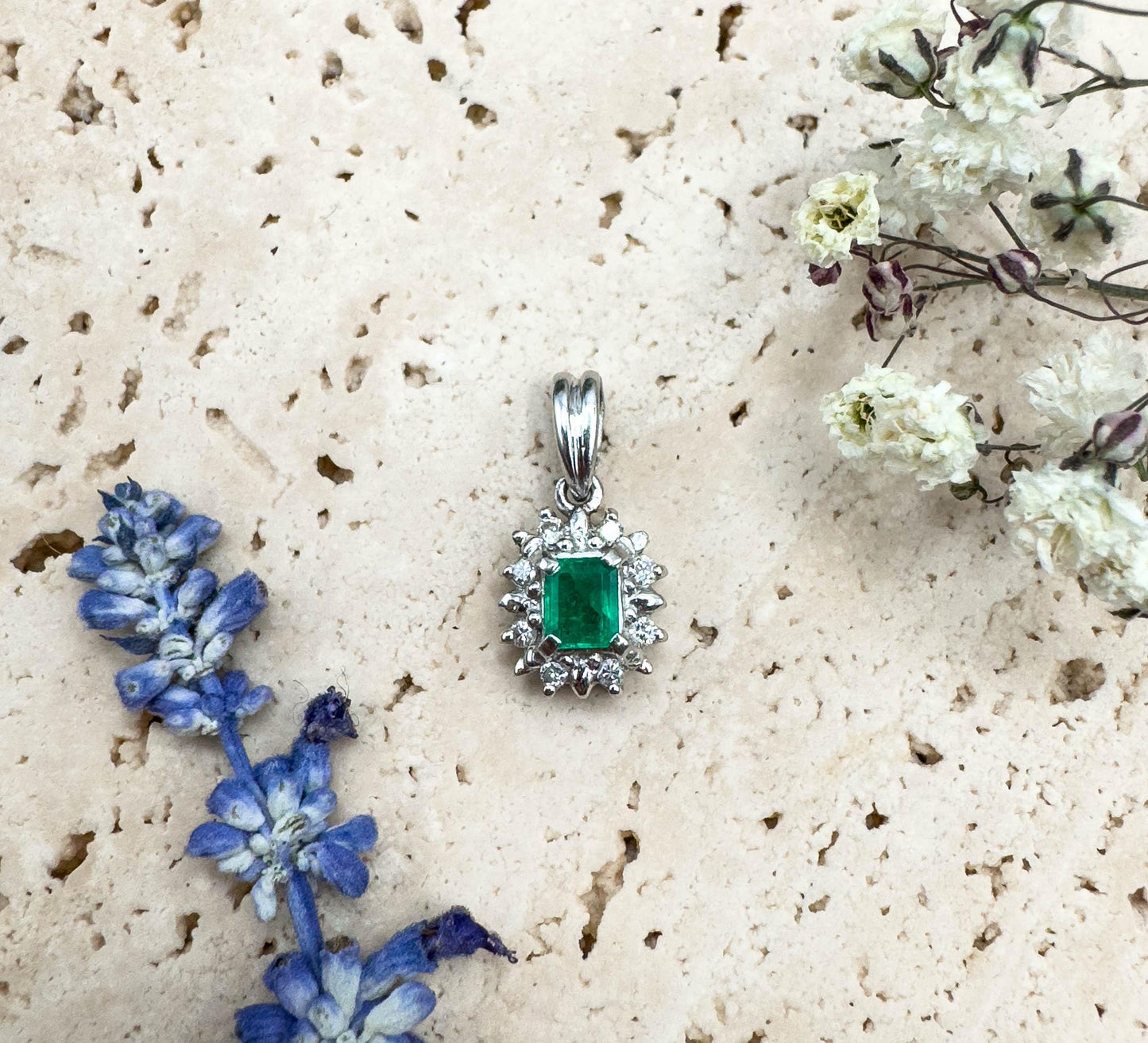 Petite Emerald & Diamond halo Pendant in Platinum