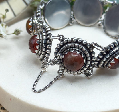 Vintage Orange Amber cabochon bracelet in 835 Silver textured vintage bracelet