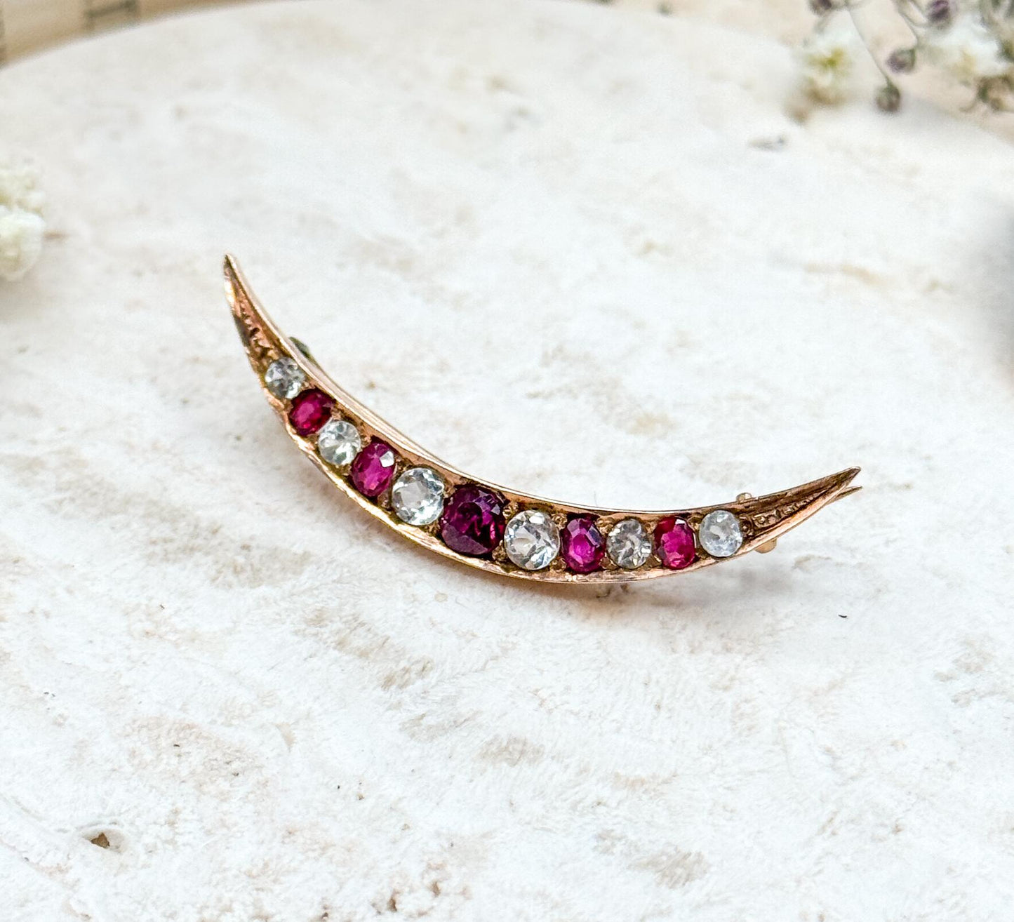 Victorian Crescent Moon Brooch with Red and White Gems in 10K Yellow Gold