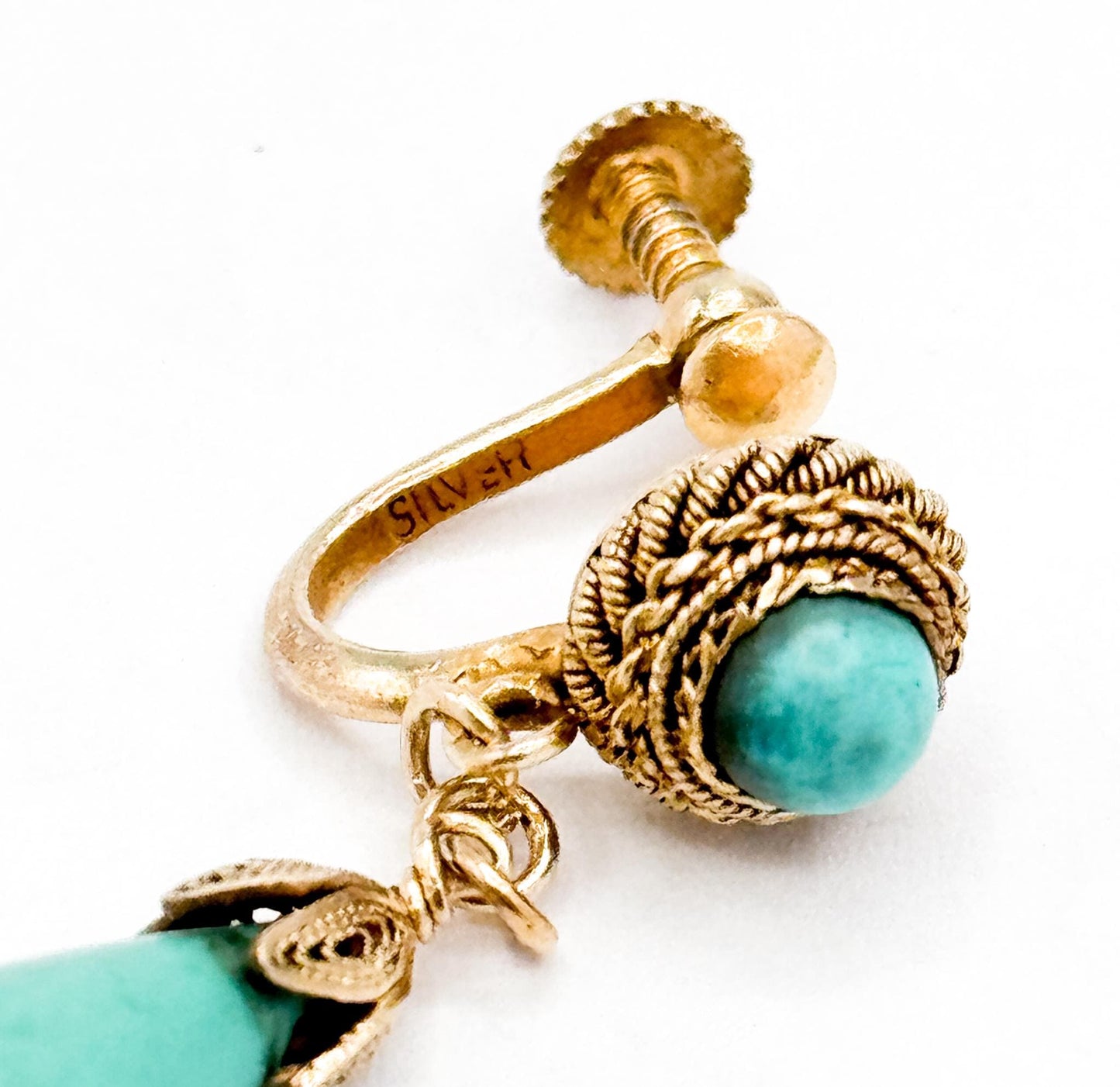 Antique Vermeil Silver Turquoise Stone Drop Earrings - Cannetille Filigree