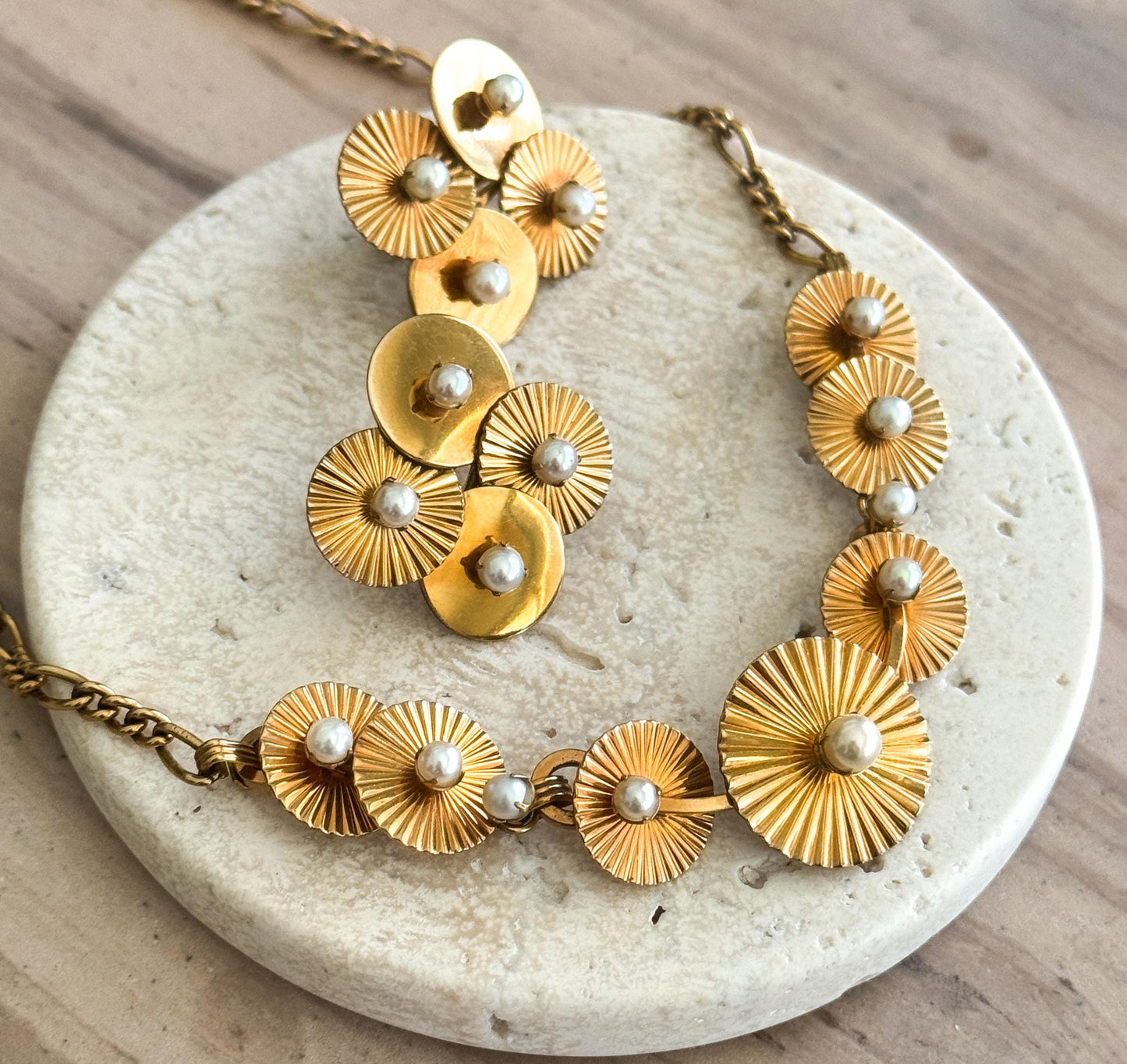 Vintage Midcentury necklace and earring set Engine turned disk necklace with Pearls
