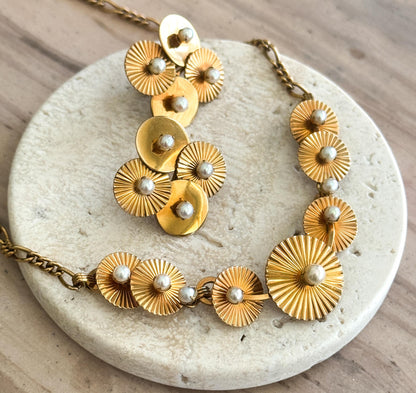 Vintage Midcentury necklace and earring set Engine turned disk necklace with Pearls