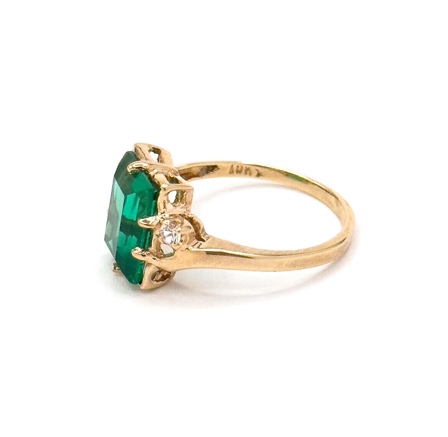 Vintage 10K Gold Green Paste Emerald Cut Ring - White Topaz Accents