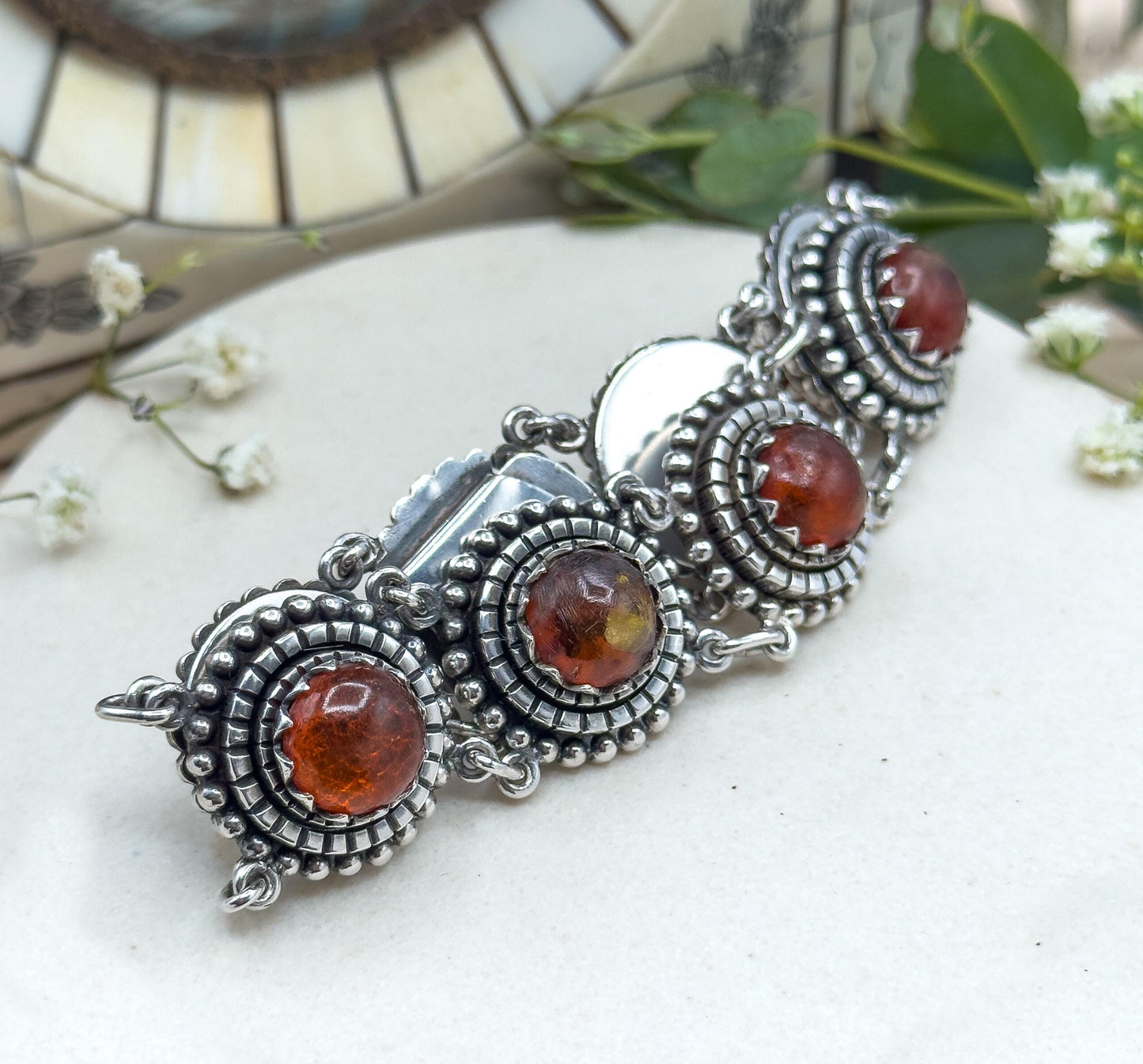 Vintage Orange Amber cabochon bracelet in 835 Silver textured vintage bracelet