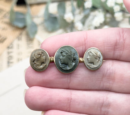 Antique Lava Cameo Brooch with Three Cameos Bezel Set Bar Brooch Grand Tour Souvenir