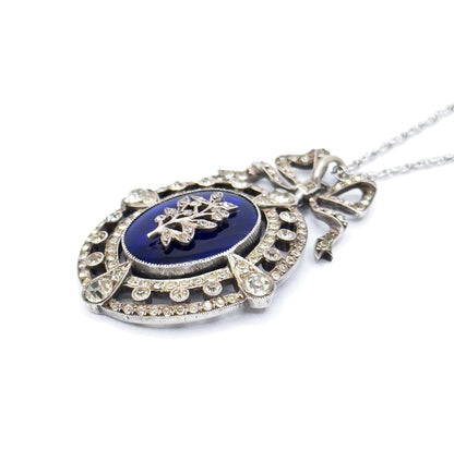 Antique Edwardian Garland Style Bow Necklace with Paste Gems in Silver w Blue Bristol Glass