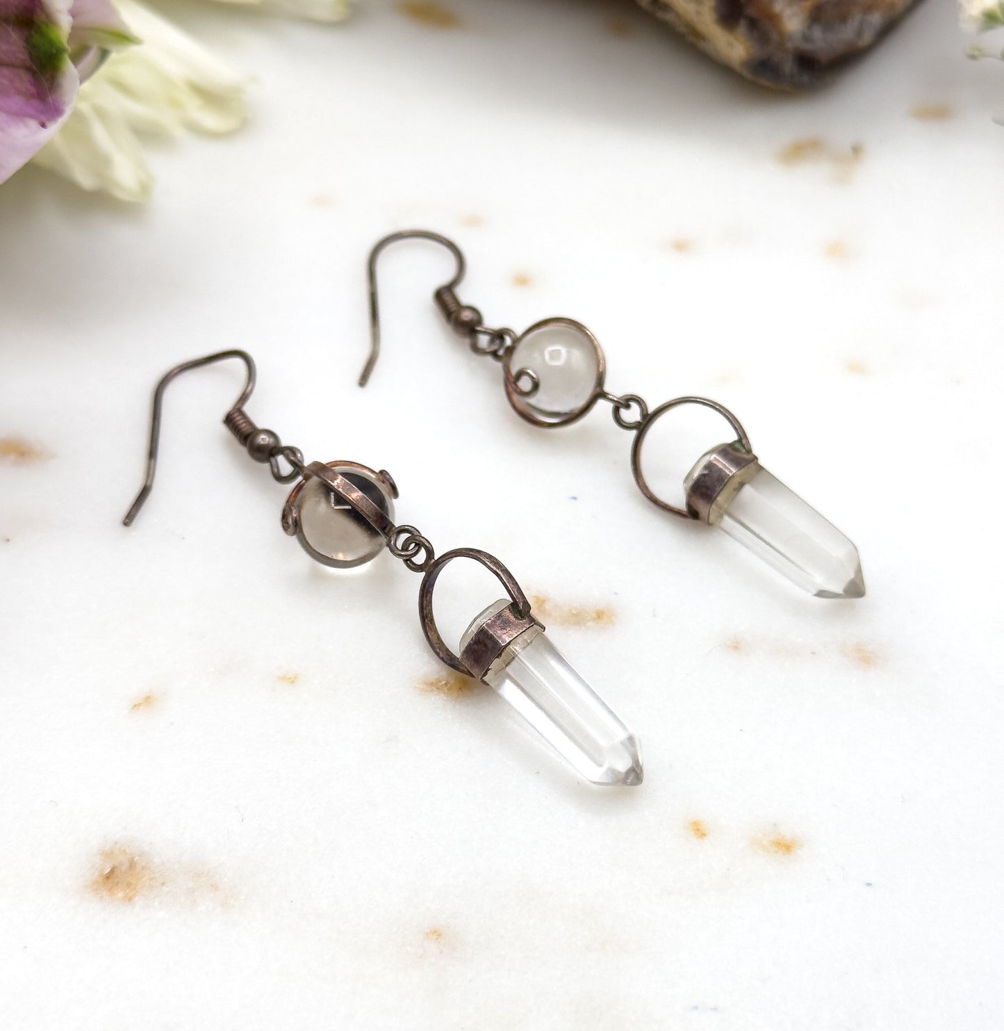 Vintage Pool of Light Drop quartz Crystal Drop Earrings in Sterling Silver