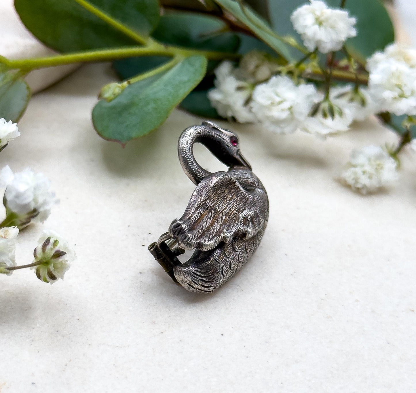 Victorian Swan Brooch in Silver with Red Glass Gem Set Cabochon Eye Bird