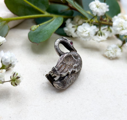 Victorian Swan Brooch in Silver with Red Glass Gem Set Cabochon Eye Bird