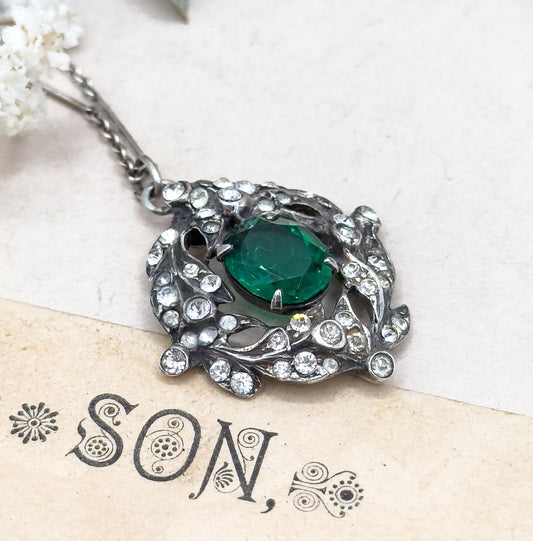 Vintage Emerald Paste Glass Green Necklace in Sterling Silver