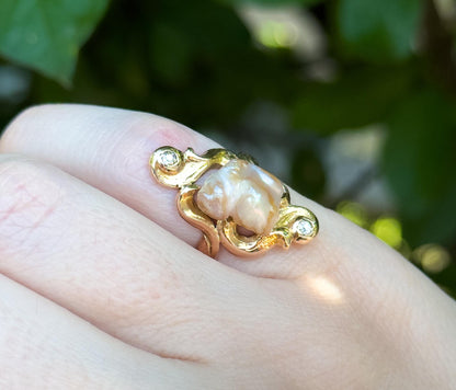 Antique Art Nouveau Baroque Pearl Ring with Old European Cut Diamonds