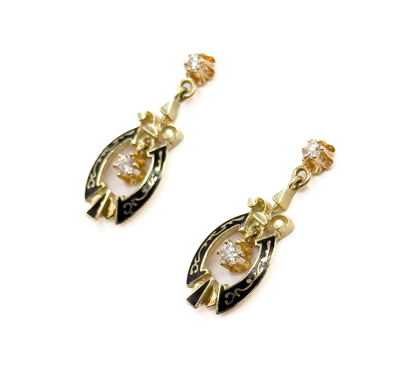 Vintage Diamond Dangle Stud Earrings in Black Enamel 14K Yellow Gold