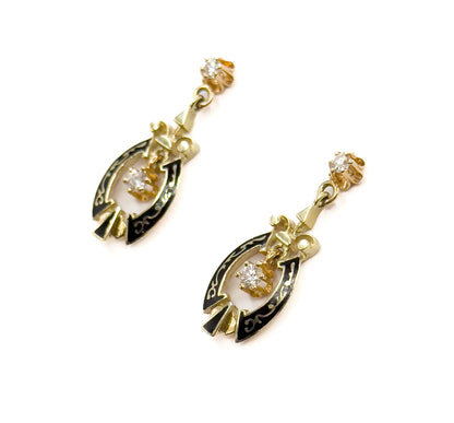 Vintage Diamond Dangle Stud Earrings in Black Enamel 14K Yellow Gold
