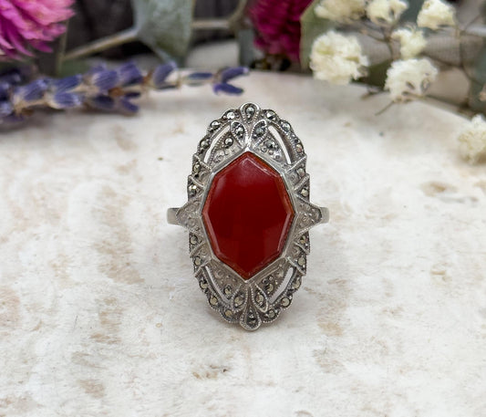 Vintage Octagonal Art Deco Shield Ring w Carnelian & Marcasite