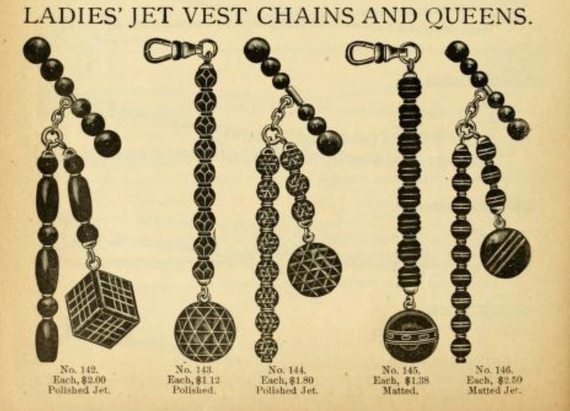 Victorian Ladies French Jet Watch Chain Fob Black Glass w T Bar