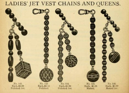 Victorian Ladies French Jet Watch Chain Fob Black Glass w T Bar