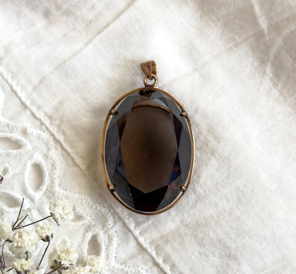 Vintage 42CT Smoky Quartz Pendant in 14K Gold Large Quartz Pendant