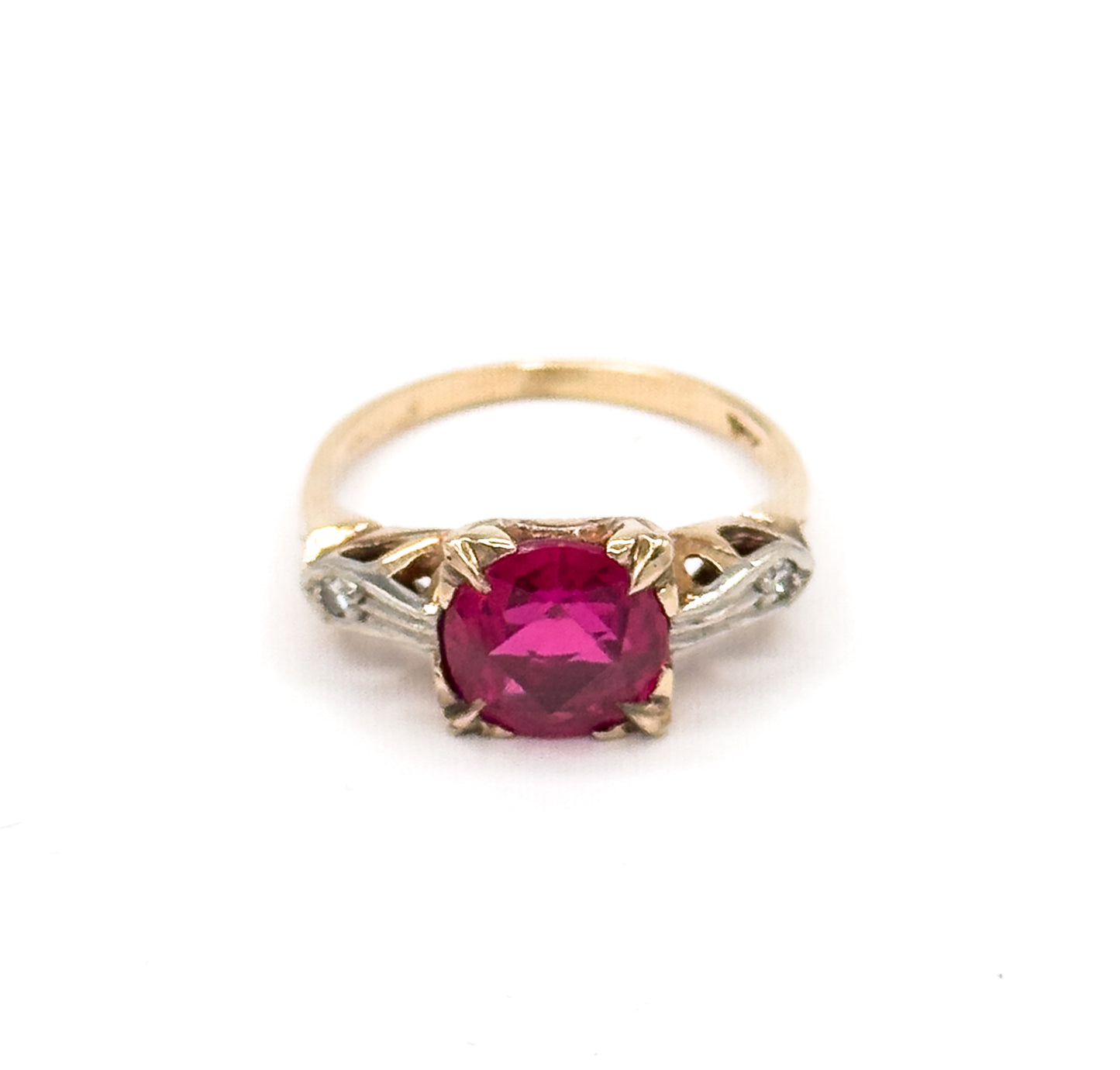 1940s Created Ruby & Diamond Ring in Two Tone Gold