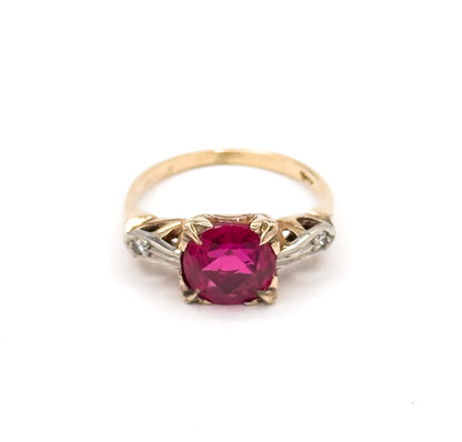 1940s Created Ruby & Diamond Ring in Two Tone Gold