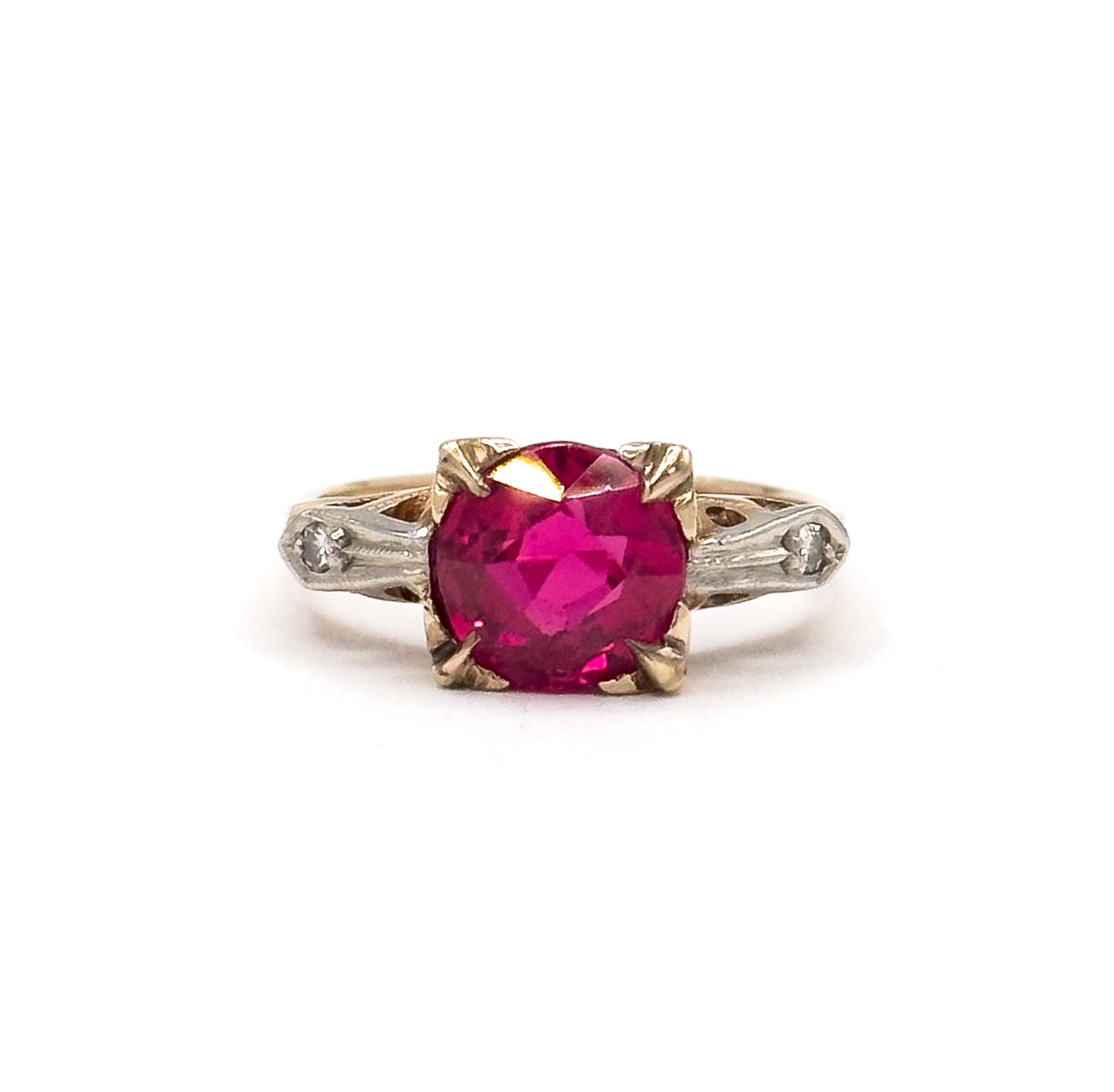 1940s Created Ruby & Diamond Ring in Two Tone Gold