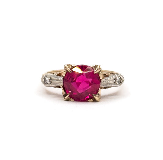 1940s Created Ruby & Diamond Ring in Two Tone Gold