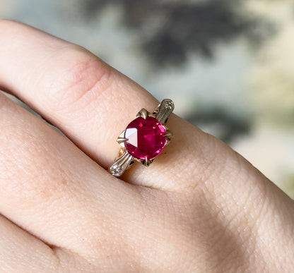 1940s Created Ruby & Diamond Ring in Two Tone Gold