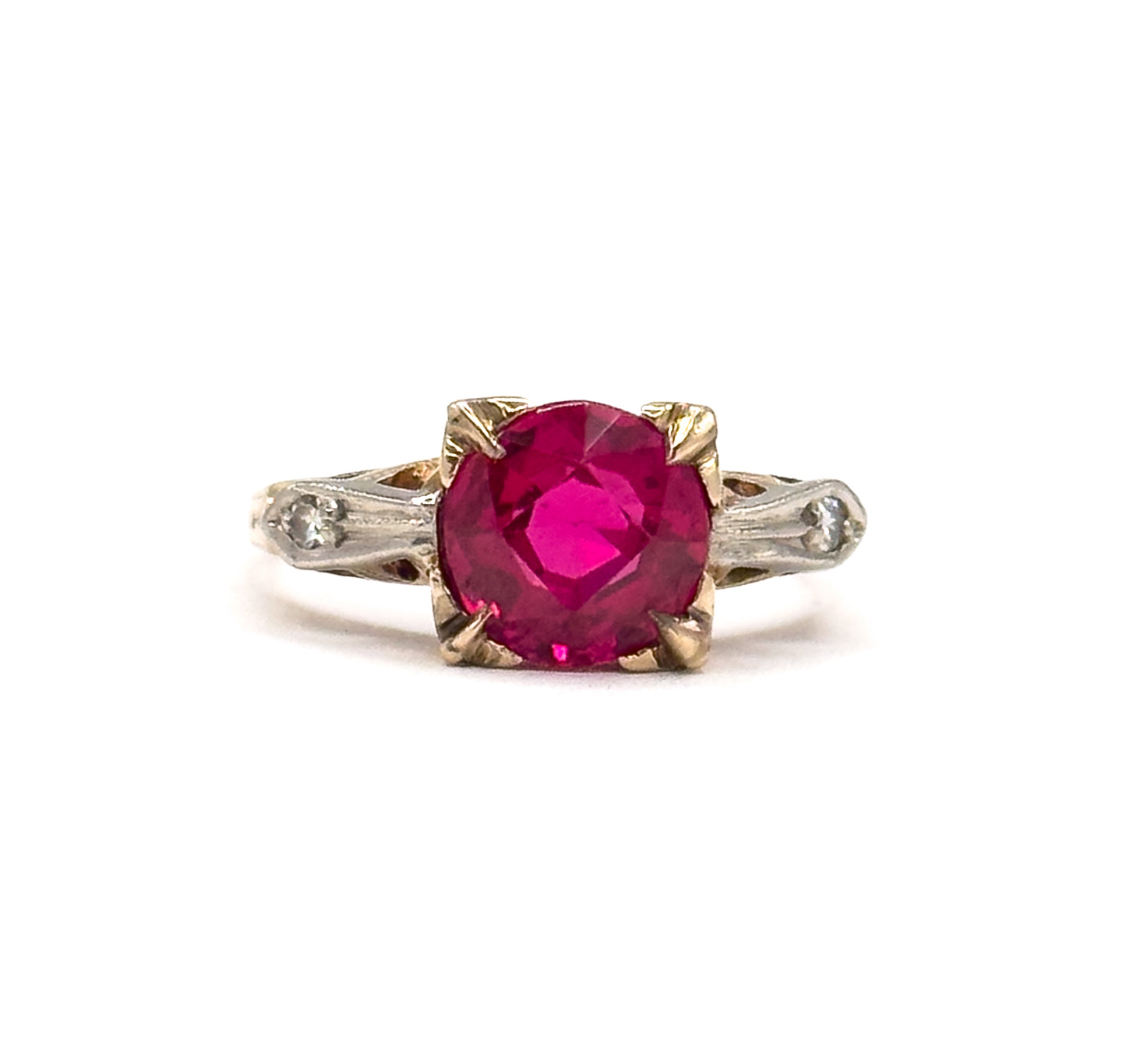 1940s Created Ruby & Diamond Ring in Two Tone Gold